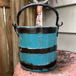 Primitive Small Wooden Berry Bucket With Forged Iron Handle